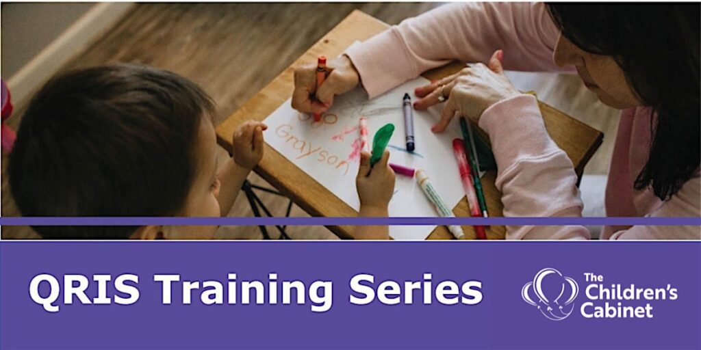 QRIS training series and a photo of a child and adult drawing with crayons