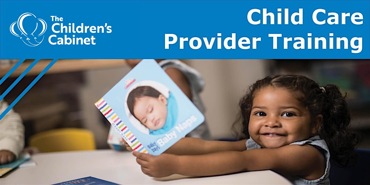 Child care provider training and photo of a young girl holding a children's book