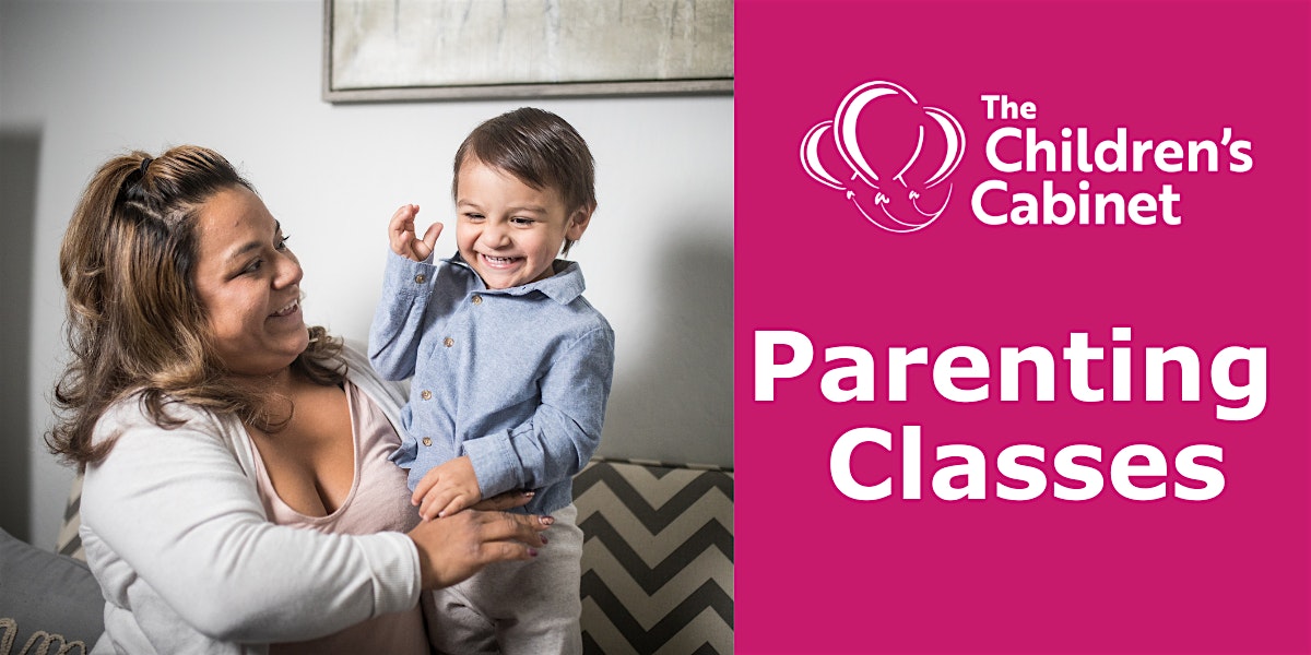 Parenting classes and a photo of a mom and child sitting on a couch