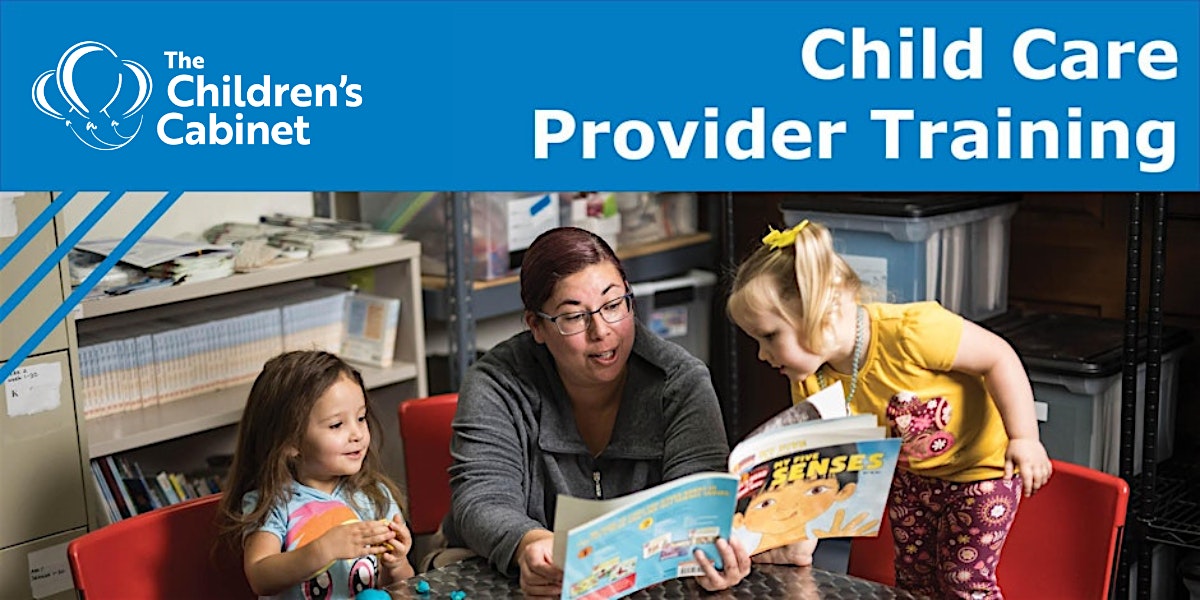 child care provider training and photo of a child care provider reading a book to two young girls