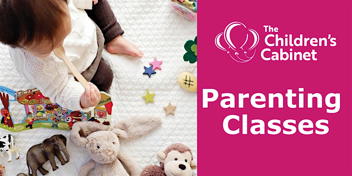 Parenting classes and a photo of baby sitting on a blanket with toys