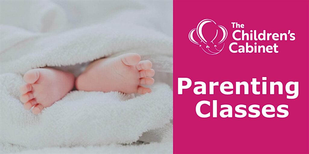 Parenting classes and a photo of baby feet wrapped in a blanket