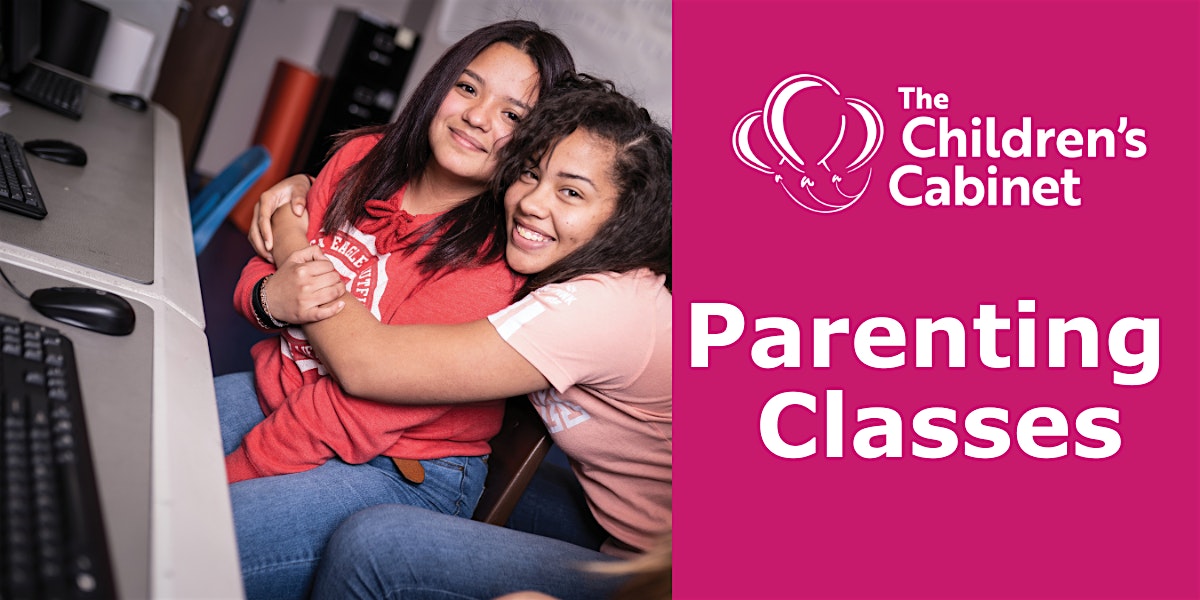 Parenting Classes and photo of two teen girls hugging next to a computer in a classroom